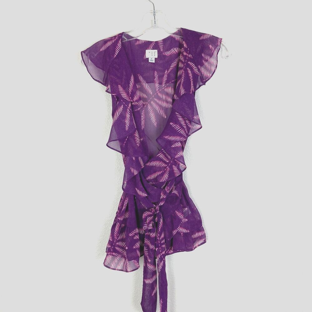 A New Day Wrap Top Size S Purple Sleeveless Ruffles Sheer